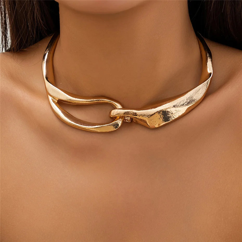 Exaggerated Chunky Heavy Metal Big Torques Choker Necklace Women Punk Goth Irregular Twisted Chain Grunge Jewelry Steampunk Men
