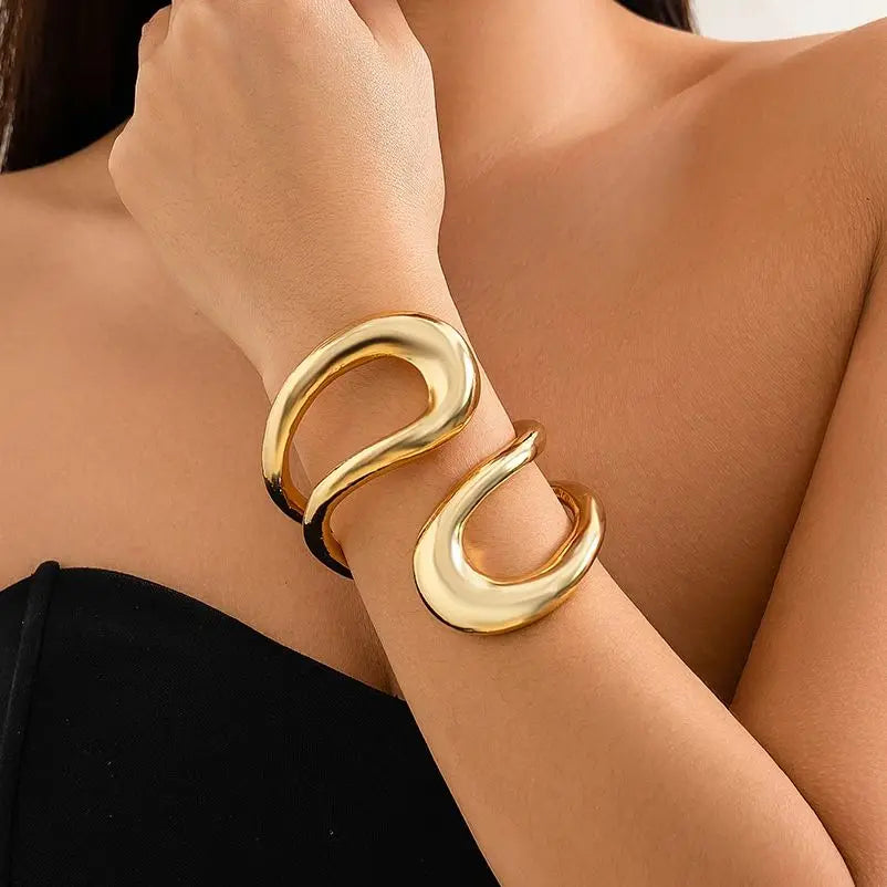 Gold Geometric Twisted Open Bangle Cuff Bracelet